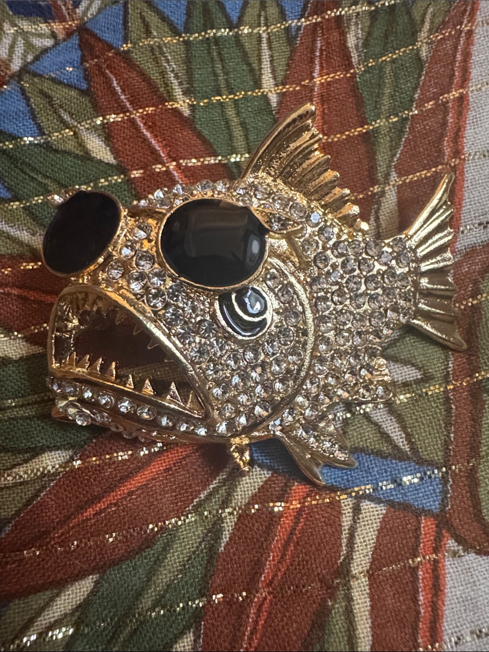 Gold Crystal Fish Brooch with Black Enamel Eyes